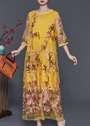 Boutique Yellow Embroidered Hollow Out Tulle Party Dress Summer