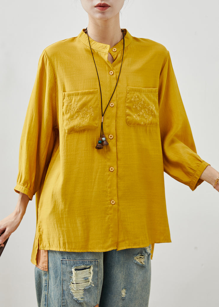 Boutique Yellow Embroidered Linen Shirt Tops Bracelet Sleeve