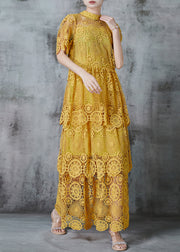 Boutique Yellow Hollow Out Lace Long Dress Summer