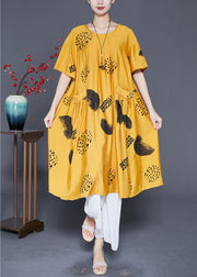 Boutique Yellow Oversized Print Pockets Linen Silk Dresses Summer