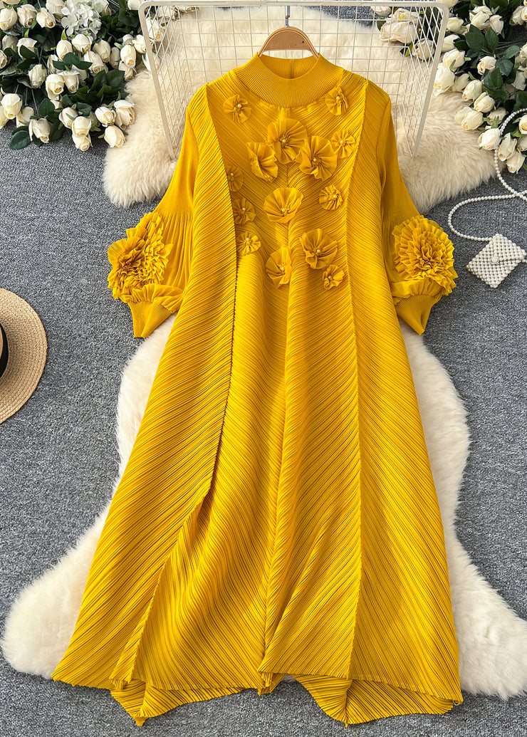 Boutique Yellow Oversized Three-dimensional Floral Long Dress Lantern Sleeve