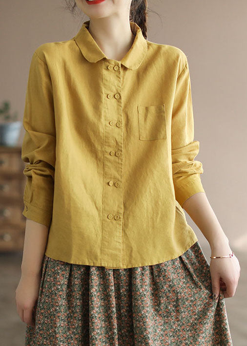 Boutique Yellow Peter Pan Collar Patchwork Cotton Top Spring