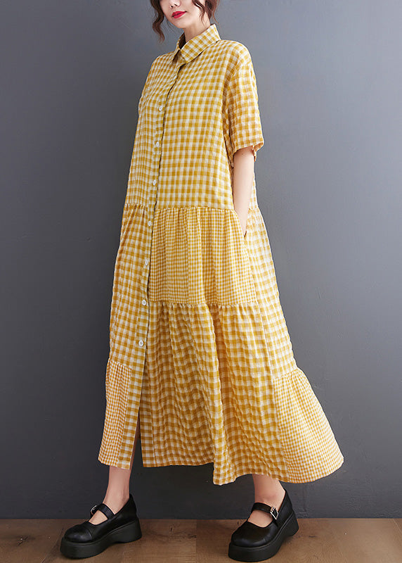 Boutique Yellow Peter Pan Collar Plaid Maxi Dresses Summer