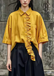 Boutique Yellow Peter Pan Collar Ruffled Patchwork Shirts Half Sleeve
