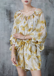 Boutique Yellow Print Hollow Out Chiffon Women Sets 2 Pieces Summer