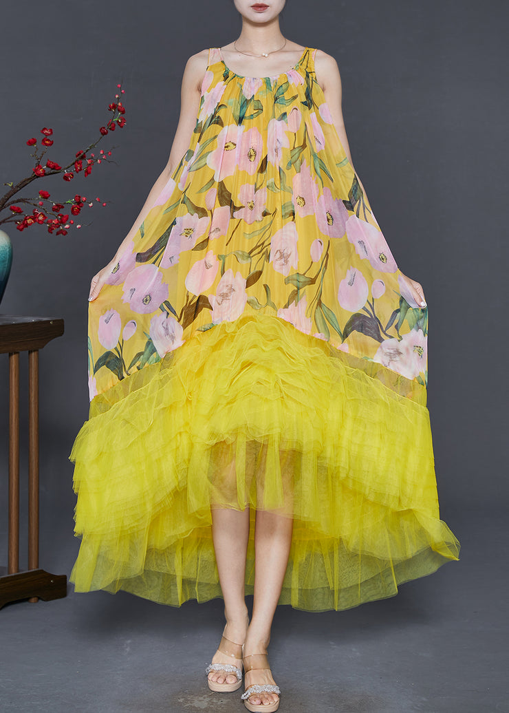 Boutique Yellow Print Patchwork Tulle Cami Dresses Summer