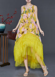 Boutique Yellow Print Patchwork Tulle Cami Dresses Summer