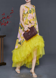 Boutique Yellow Print Patchwork Tulle Cami Dresses Summer