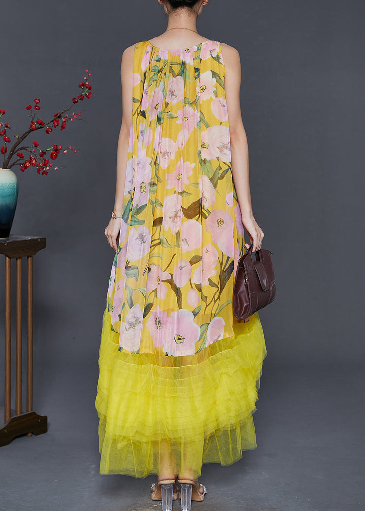 Boutique Yellow Print Patchwork Tulle Cami Dresses Summer