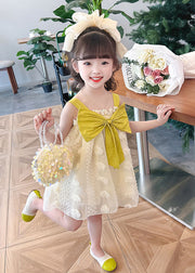 Boutique Yellow Ruffled Bow Patchwork Tulle Kids Girls Long Dress Summer