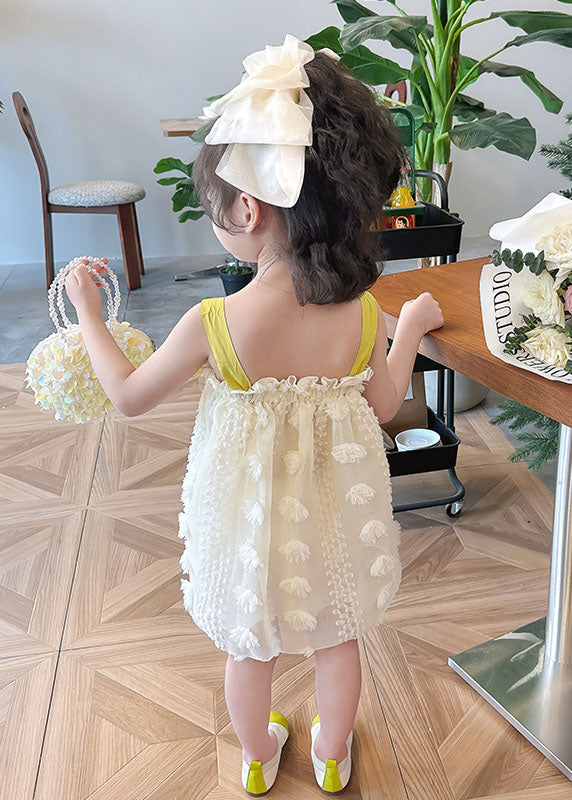 Boutique Yellow Ruffled Bow Patchwork Tulle Kids Girls Long Dress Summer