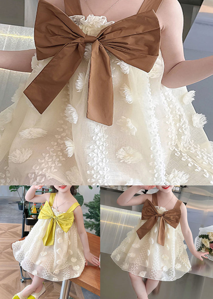 Boutique Yellow Ruffled Bow Patchwork Tulle Kids Girls Long Dress Summer