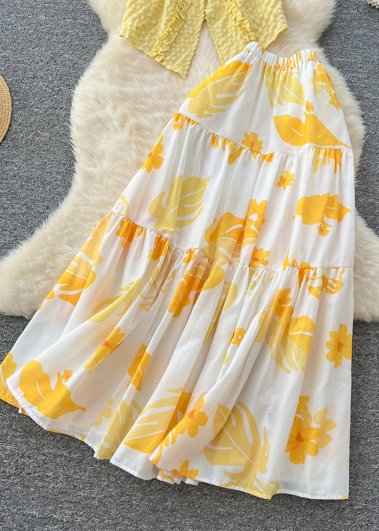 Boutique Yellow Ruffled Print Cotton Two Pieces Set Summer