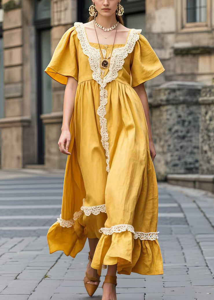 Boutique Yellow Square Collar Patchwork Lace Long Dress Summer