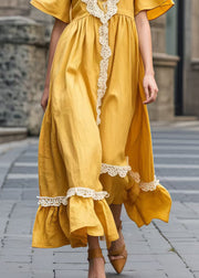 Boutique Yellow Square Collar Patchwork Lace Long Dress Summer