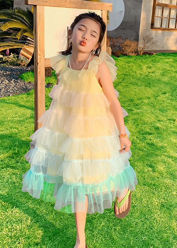 Boutique Yellow Square Collar Ruffled Tulle Kids Long Dress Sleeveless