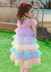 Boutique Yellow Square Collar Ruffled Tulle Kids Long Dress Sleeveless