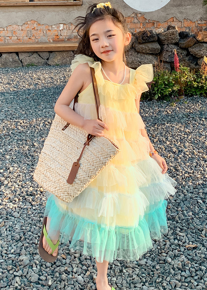 Boutique Yellow Square Collar Ruffled Tulle Kids Long Dress Sleeveless