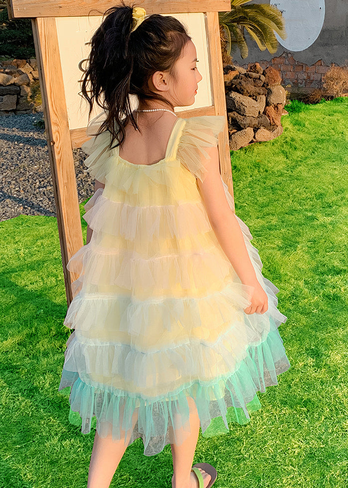 Boutique Yellow Square Collar Ruffled Tulle Kids Long Dress Sleeveless