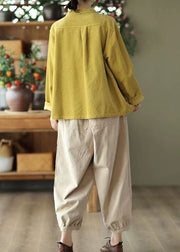 Boutique Yellow Stand Collar Pockets Solid Corduroy Coats Fall