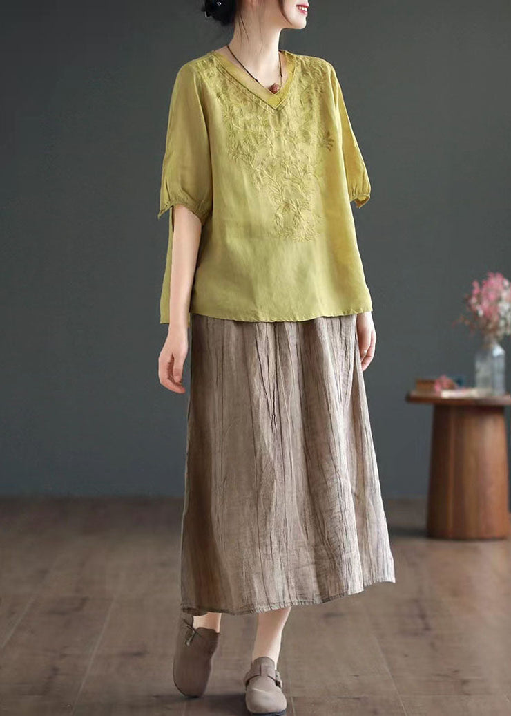 Boutique Yellow V Neck Embroideried Patchwork Linen T Shirt Summer