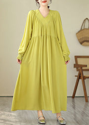 Boutique Yellow V Neck Green Long Dress Puff Sleeve