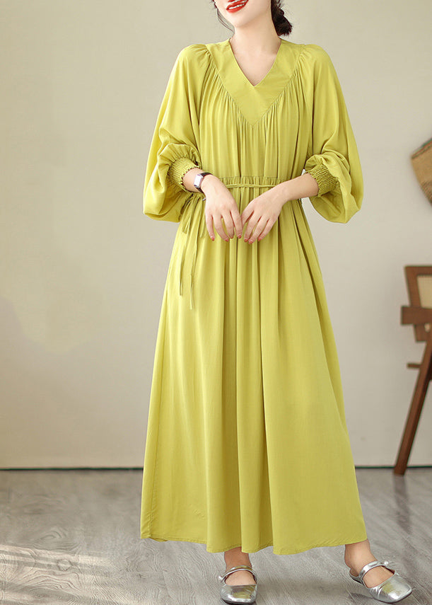 Boutique Yellow V Neck Green Long Dress Puff Sleeve