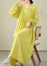 Boutique Yellow V Neck Green Long Dress Puff Sleeve