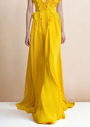 Boutique Yellow V Neck Ruffled Patchwork Silk Dresses Summer