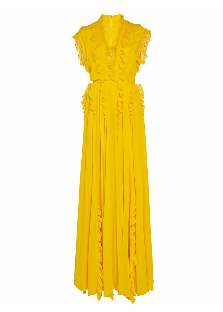 Boutique Yellow V Neck Ruffled Patchwork Silk Dresses Summer