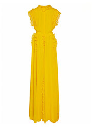 Boutique Yellow V Neck Ruffled Patchwork Silk Dresses Summer