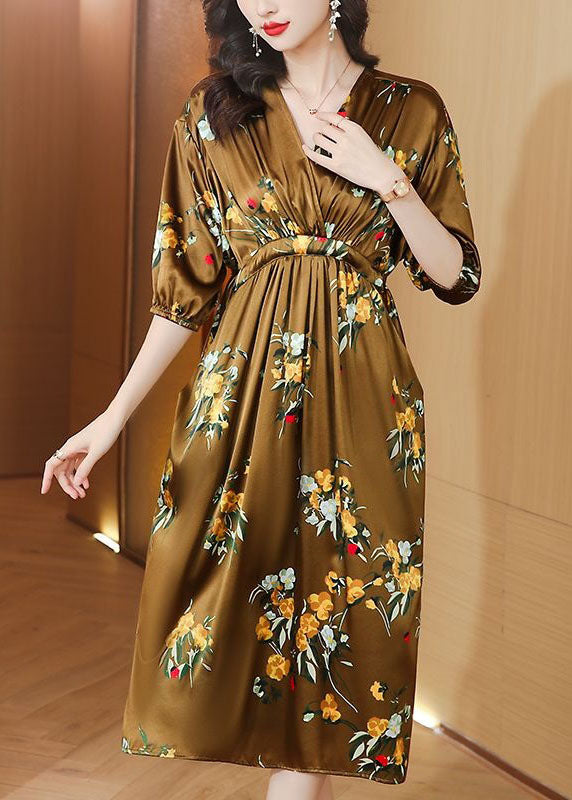 Boutique Yellow V Neck Wrinkled Pockets Print Patchwork Silk Dresses Summer