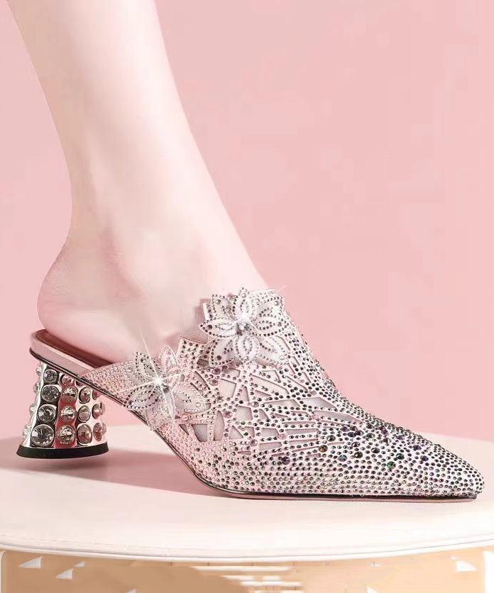 Boutique Zircon Splicing Chunky Heel Pointed Toe Pink Sheepskin Slide Sandals