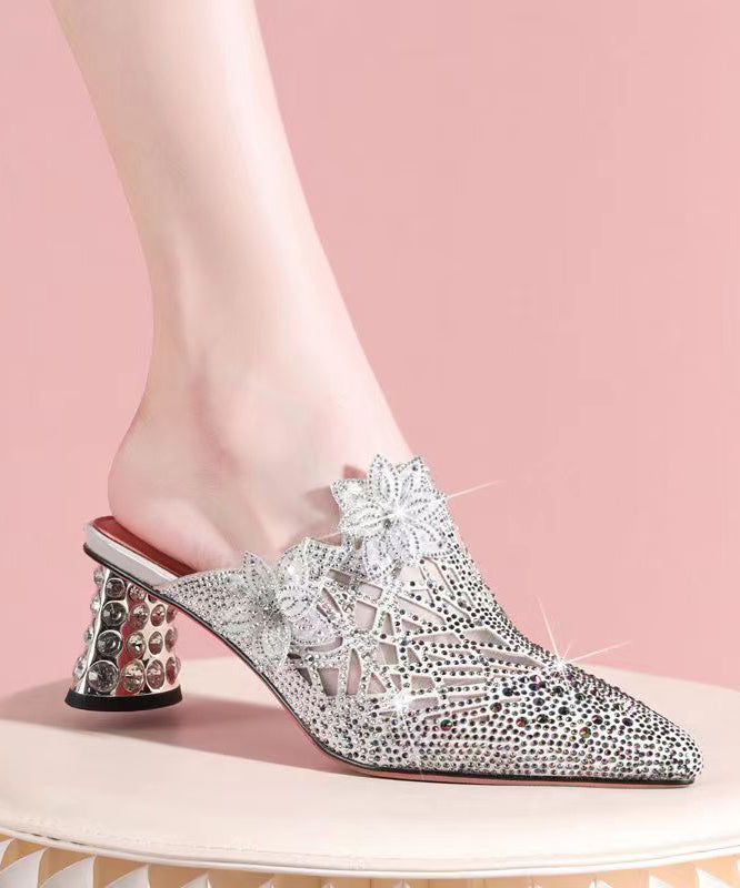 Boutique Zircon Splicing Chunky Heel Pointed Toe Pink Sheepskin Slide Sandals