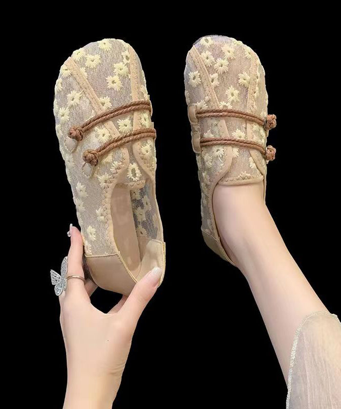 Breathable Mesh Khaki Flat Shoes Embroidery Splicing