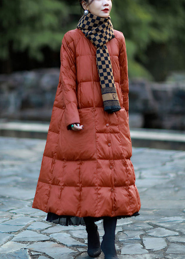 Brick Red Duck Down Puffers Jackets Oversized Pockets Winter