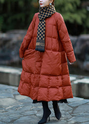 Brick Red Duck Down Puffers Jackets Oversized Pockets Winter