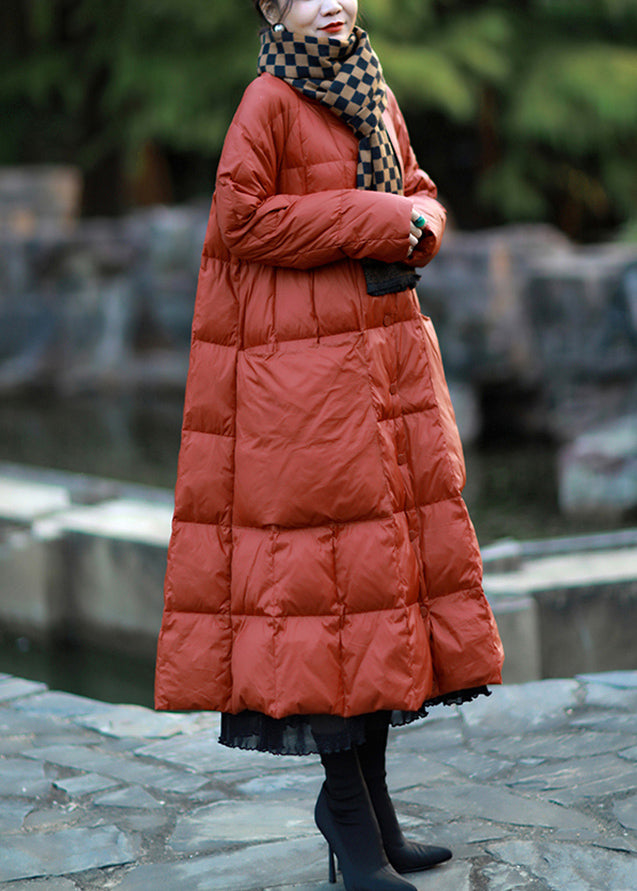 Brick Red Duck Down Puffers Jackets Oversized Pockets Winter