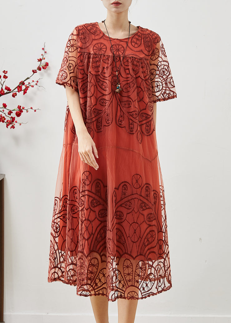 Brick Red Oversized Tulle Long Dresses Embroidered Summer