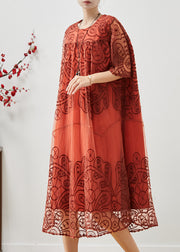 Brick Red Oversized Tulle Long Dresses Embroidered Summer