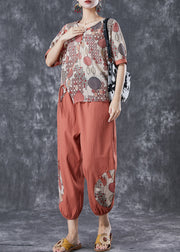 Brick Red Patchwork Cotton Women Sets 2 Pieces Side Open Summer