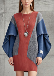 Brick Red Patchwork Denim Knit Sweater Dress Oversized Butterfly Sleeve