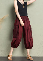 Brick Red Patchwork Pockets Elastic Waist Cotton Crop Pants Summer