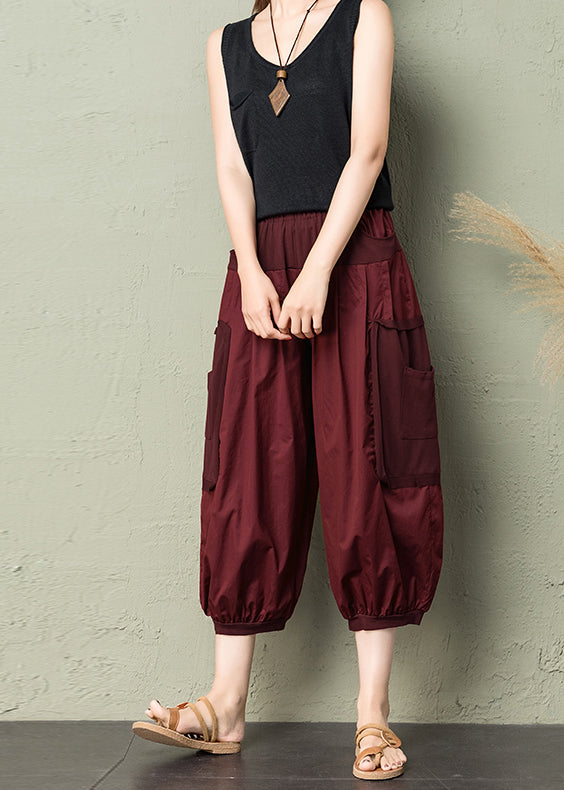 Brick Red Patchwork Pockets Elastic Waist Cotton Crop Pants Summer