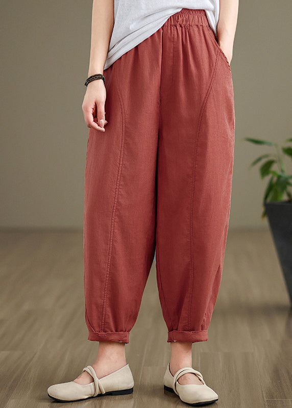 Brick Red Pockets Cotton Pants Elastic Waist Fall