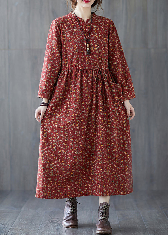 Brick Red Pockets Patchwork Cotton Dresses O Neck Long Sleeve