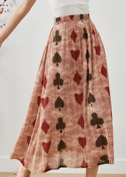 Brick Red Print Cotton Pleated Skirt Elastic Waist Summer