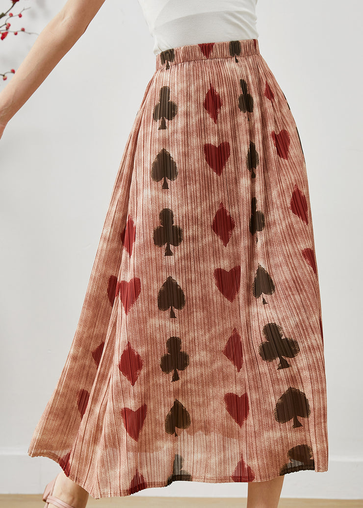 Brick Red Print Cotton Pleated Skirt Elastic Waist Summer