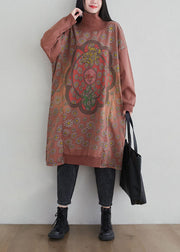 Brick Red Print Patchwork Cotton Dresses Hign Neck Spring