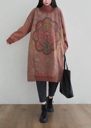 Brick Red Print Patchwork Cotton Dresses Hign Neck Spring